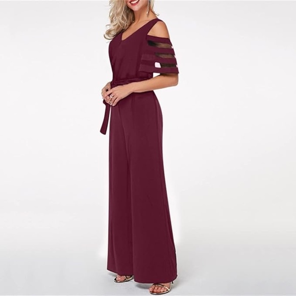 Amazon Pants - Christmas Cold Shoulder Wrap Sheer Mesh Sleeve Wide Leg Jumpsuit Size L Wine